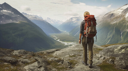 Woman hiker with backpack climbs steep rocky terrain. Generative Ai