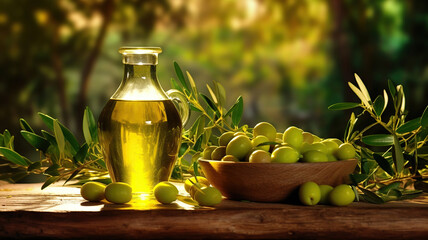 Olive oil and olive branch on the wooden table. Generative Ai