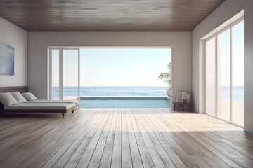 Sea view empty large living room of luxury summer. Generative AI