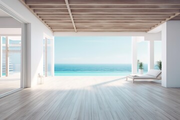 Obraz na płótnie Canvas Sea view empty large living room of luxury summer. Generative AI