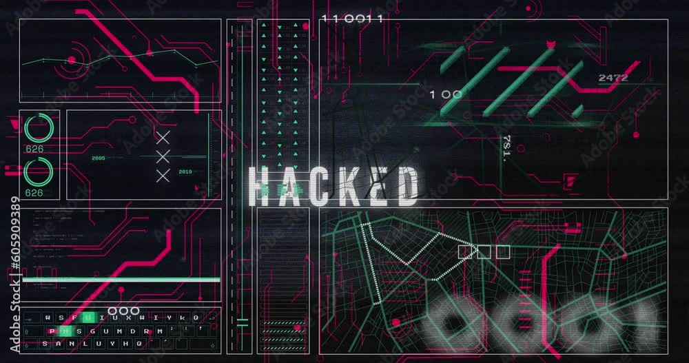 Poster animation of circuit board pattern, hacked text over graph, lines, navigation pattern, binary codes