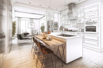 Stylish kitchen interior with modern furniture. Generative AI