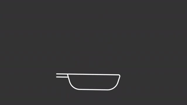 Tossing food white icon animation. Animated line flip pancake. Cooking meat. Frying pan. Loop HD video with chroma key, alpha channel, transparent background. Outline motion graphic animation