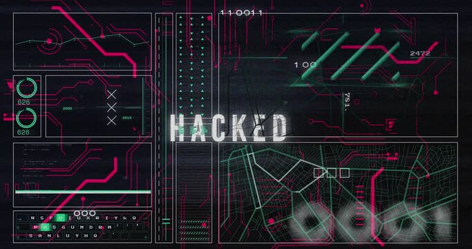 Animation of circuit board pattern, hacked text over graph, lines, navigation pattern, binary codes