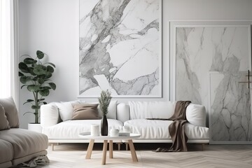 Living room design with empty frame mock-up | The stylish composition at living room interior with minimal design | Spacious long living room with dark design | Luxury white living room,Generative AI