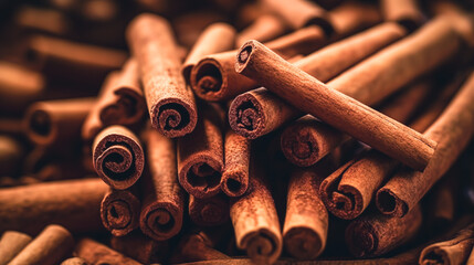 Cinnamon sticks close-up, natural cinnamon, generative AI.