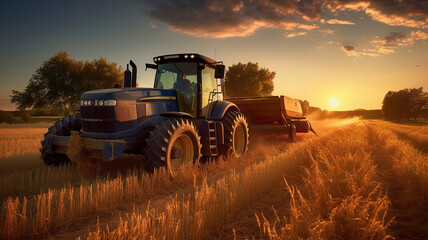 Fototapeta premium A tractor harvesting wheat starch in the sunset on a country field. Generative Ai