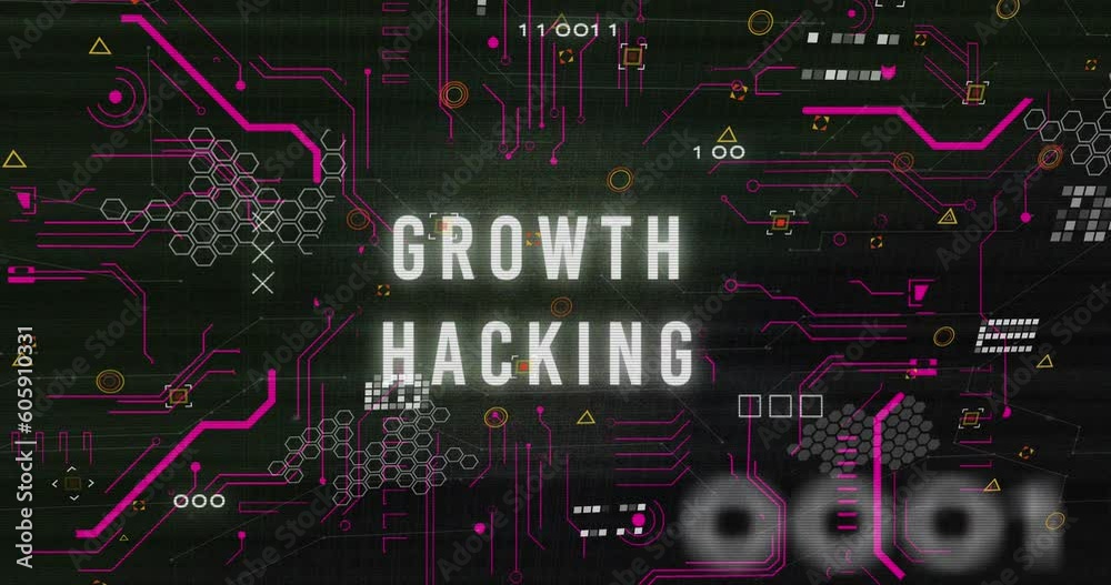 Poster animation of binary codes over circuit board pattern around growth hacking text on black background