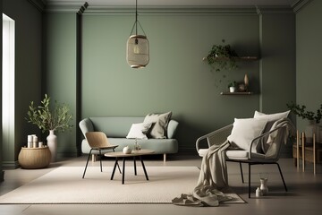 Stylish living room interior with modern light couch and home plants | Stylish white modern living room interior, home decor | Wall mock up in living room. Scandinavian interior,Generative AI
