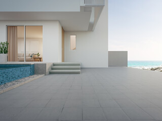 Beach house with empty floor for car park. 3d rendering of concrete patio in modern sea view home.