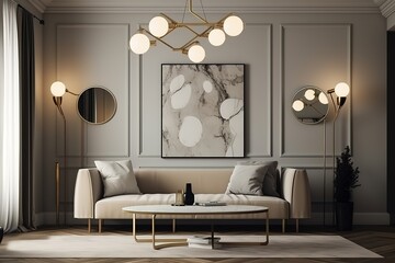 Stylish living room interior with modern light couch and home plants | Stylish white modern living room interior, home decor | Wall mock up in living room. Scandinavian interior,Generative AI
