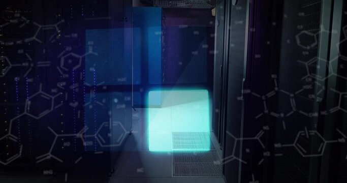 Animation of illuminated squares over molecule structures against server room in background