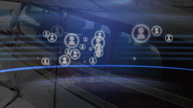 Animation of profile icons over personal jet plane at airport