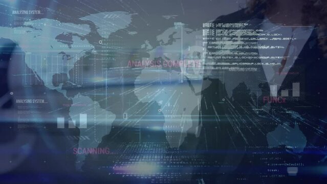 Animation of map, profile icons, computer language, caucasian woman standing against private jet