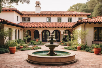a Mediterranean-inspired villa with stucco walls, a red tile roof, and a courtyard with a fountain - Generative AI - obrazy, fototapety, plakaty