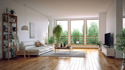 Fototapeta na wymiar Empty living room with hardwood floor in modern apartment. Generative Ai