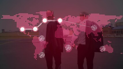 Animation of connected dots, map over diverse businessman walking towards private jet at airport - Powered by Adobe