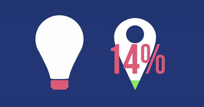 Animation of changing numbers with percentile over filling light bulb and map pinpoint