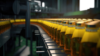 Obraz premium Conveyor belt with juice bottles on beverage factory interior. Generative Ai