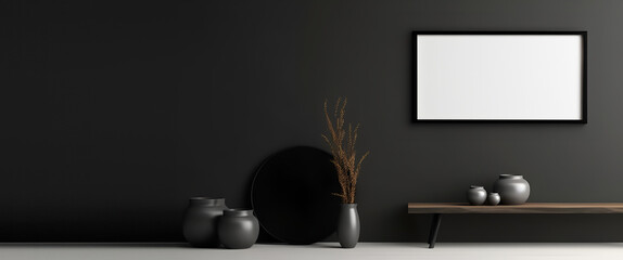 Creative interior concept. Dark large empty wall room with blank frame furniture deco. Banner template for product presentation. Mock up 3D rendering living, office, gallery
