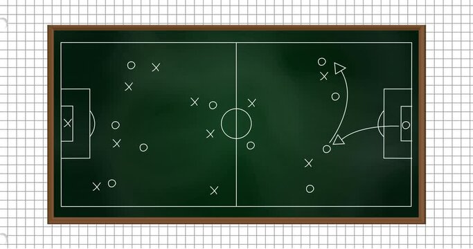 Animation of basketball game plan drawn on board over grid pattern on white background