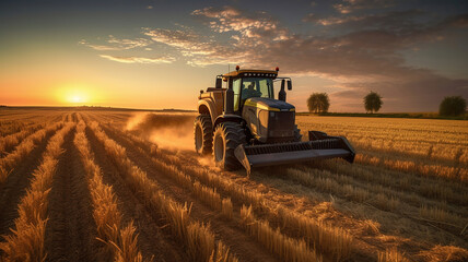 A tractor harvesting wheat starch in the sunset on a country field. Generative Ai