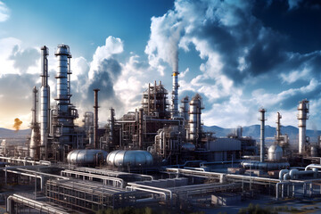 Obraz premium Oil and gas refinery blue sky, Generative AI