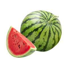 watermelon fruit with cut down half and sliced and leafe - obrazy, fototapety, plakaty