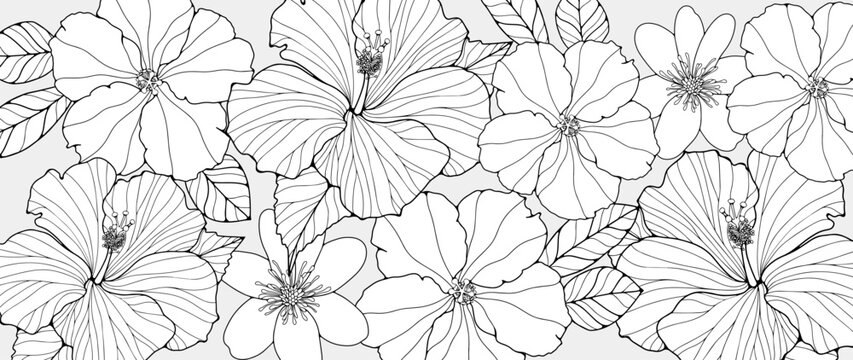 Black and white floral picture with different flowers and leaves. Picture for coloring books, decor, designs, postcards and presentations