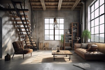 High ceiling loft living room 3d render. There are white brick wall,polished concrete floor and black steel structure,There are large windows look out to see the nature ,Generative AI 
