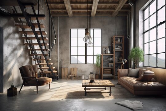 High Ceiling Loft Living Room 3d Render. There Are White Brick Wall,polished Concrete Floor And Black Steel Structure,There Are Large Windows Look Out To See The Nature ,Generative AI 
