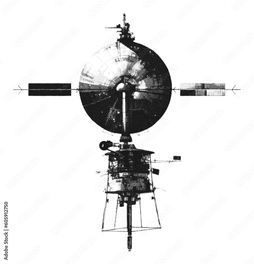 Wall mural hand drawn halftone satellite. space vector design element.