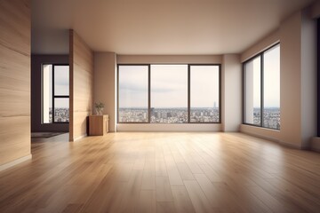 Fototapeta na wymiar Empty living room with hardwood floor. Generative AI