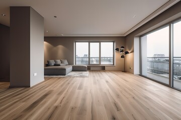 Fototapeta na wymiar Empty living room with hardwood floor. Generative AI