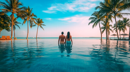 Couple enjoying beach vacation holidays at tropical resort with swimming pool and coconut palm trees near the coast with beautiful landscape. Generative AI - obrazy, fototapety, plakaty