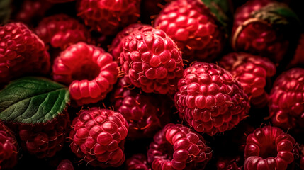 Fruit banner from the harvest of ripe organic raspberries, generative AI.