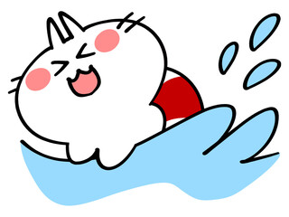海で泳ぐ浮き輪のにゃんこイラスト素材