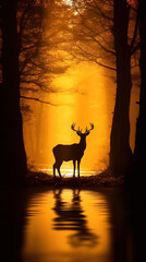 Silhouette of a red deer stag at sunrise in the forest