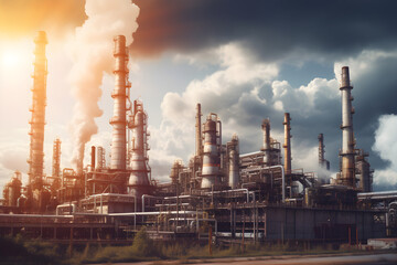 Fototapeta na wymiar Oil and gas refinery distillation towers cloudy sky sun setting