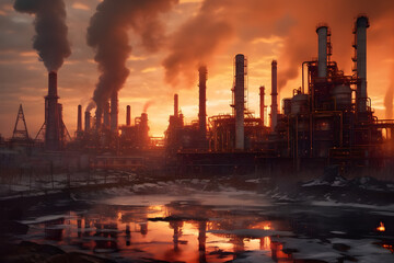 Oil and gas refinery sunset landscape
