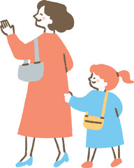 知り合いに手を振るお母さんと娘_色