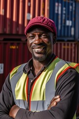 Handsome African industrial engineer in cap and safety vest