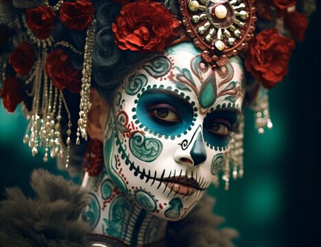 a green and white lady with skull makeup and gothic carnival mask, magical woman with red headdress, mexican day of the dead, fictional person created with generative ai