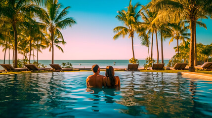 Fototapeta Couple enjoying beach vacation holidays at tropical resort with swimming pool and coconut palm trees near the coast with beautiful landscape. Generative AI obraz