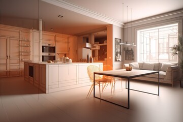 interior kitchen living room 3d illustration. Generative AI