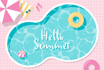 summer vector background with a top view of swimming pool and floats for banners, cards, flyers, social media wallpapers, etc.