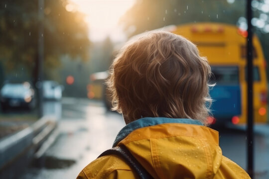 Child Withbackpack On Bus Stop Waiting School Bus. Generative Ai