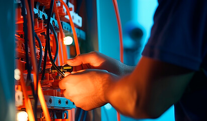 Close-up electrical electrician working on electrical wiring unit. Generative AI
