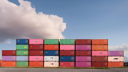 Fototapeta premium Stacked color cargo containers over the blue sky with clouds. Generative Ai