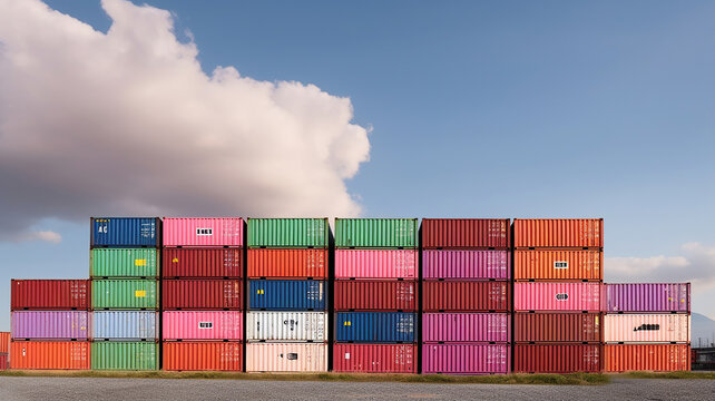 Stacked color cargo containers over the blue sky with clouds. Generative Ai